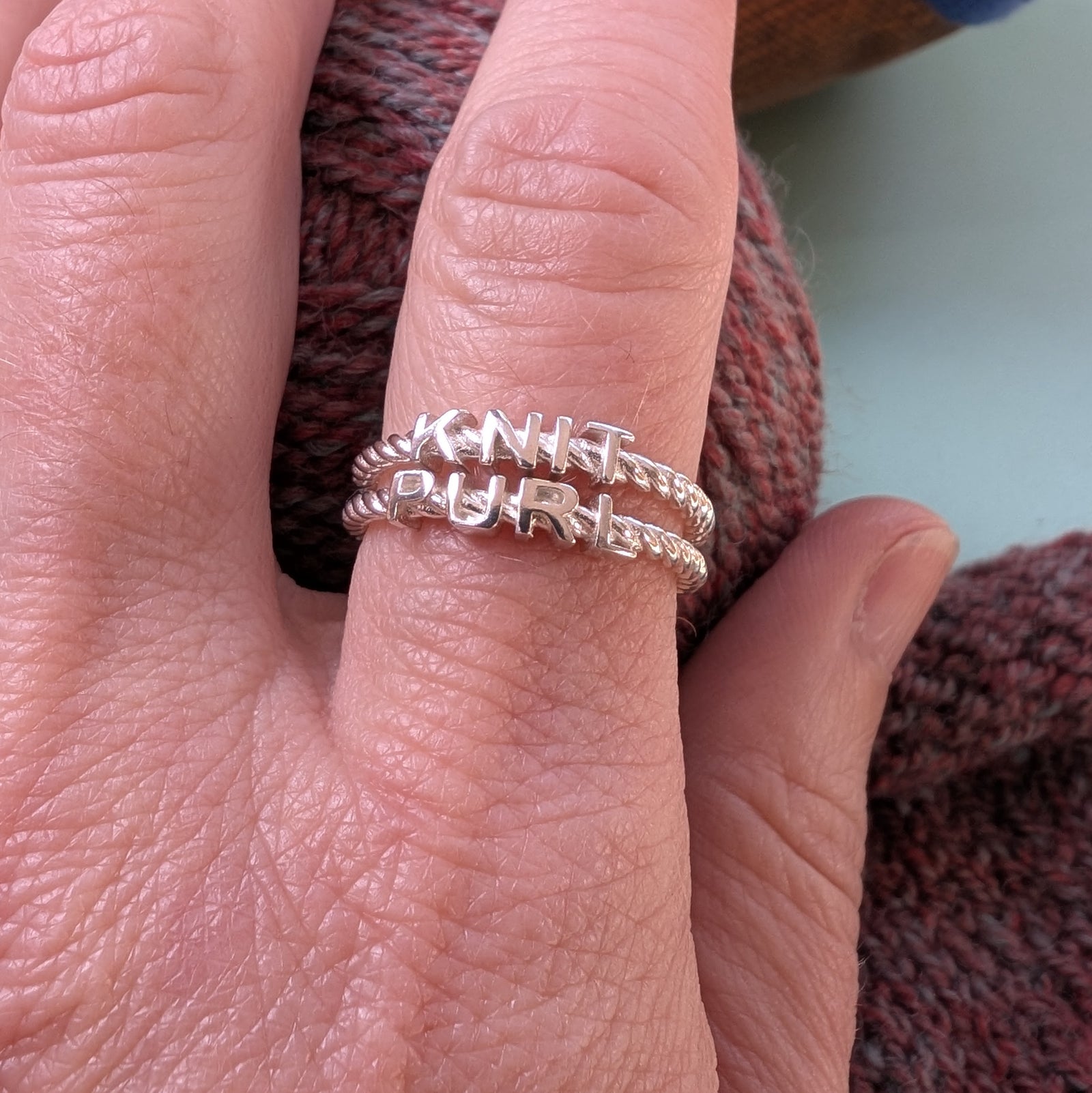 Silver stacked KNIT and PURL rings