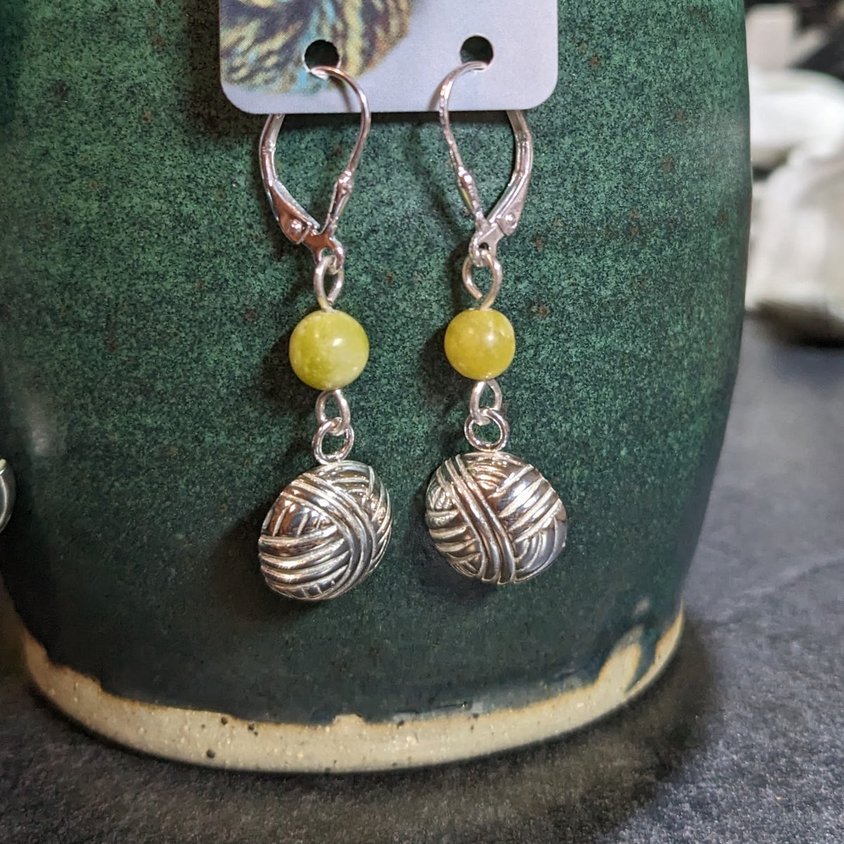 Yarn Ball Earrings - Silver with beads